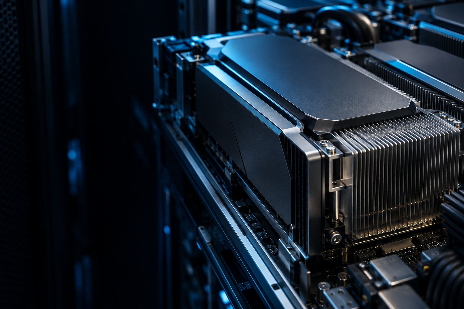 Conceptual view of GPU accelerator hardware and a precision metal heatsink